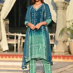 Rujave Women Bandhani Printed Regular Mirror Work Kurta with Trousers & With Dupatta-5