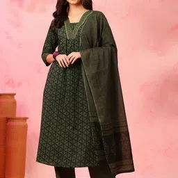 EthniFlair Geometric Printed V-Neck Pure Cotton A-Line Kurta With Trouser & Dupatta-12