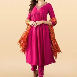 Anouk Rustic Ethnic Motifs Embroidered Pleated Sequinned Kurta with Trouser & Dupatta-40