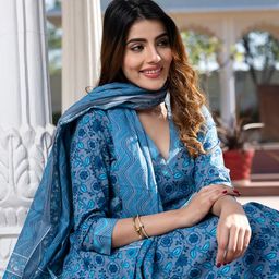 KALINI Floral Printed V-Neck Pure Cotton A-Line Kurta With Trousers And Dupatta-picture-26