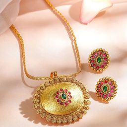 Rubans 18K Gold-Plated Pendant Set with Textured Floral Frame and Green & Ruby Pink Stones-picture-6