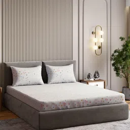 haus & kinder Off White & Blue Floral 210 TC King Bedsheet with 2 Pillow Covers-image-91