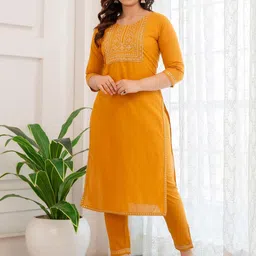 Meeranshi Floral Yoke Design Thread Work Pure Cotton Straight Kurta With Trouser & Dupatta image 5