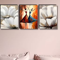 Aura White & Red 3 Pieces Wooden Girls & Flowers Wall Paintings-28
