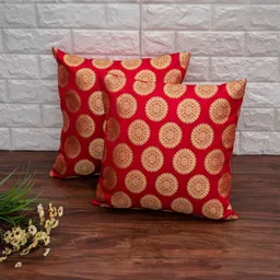 RoyalDeco Red & Gold-Toned Set of 2 Ethnic Motifs Square Cushion Covers-0