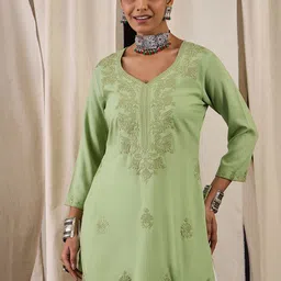 Anouk Ethnic Motifs Embroidered Thread Work V-Neck Kurti-image-57