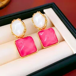 COOLWOOL Gold-Plated Artificial Stones Studded Square Drop Earrings-4