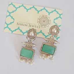 Shrim jewels Silver-Plated Stones Studded & Beaded Geometric Shaped Oxidised Drop Earrings-picture-19