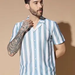 GLITO Men Modern Cuban Collar Multi Striped Cotton Relaxed Fit Casual Shirt-image-18