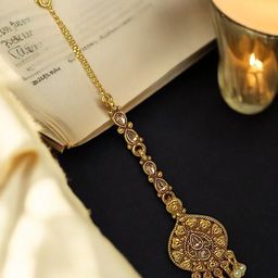 FEMMIBELLA Gold-Plated Artificial Stones and Beads Studded Maang Tikka Head Jewellery-34