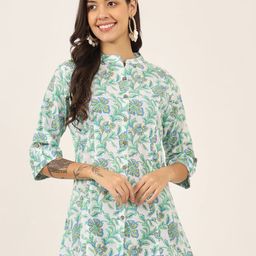 BAESD Floral Print Mandarin Collar Roll-Up Sleeves Ethnic Cotton Top-image-62