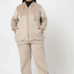 plusS Women Hooded Neck Velour Tracksuit-49