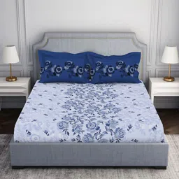 SPACES Violet & Black Floral 144 TC Queen Bedsheet with 2 Pillow Covers-6