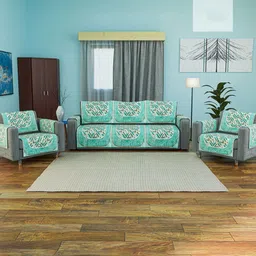 Aura Green & Beige 16 Pieces Printed Velvet 5 Seater Sofa Covers-29