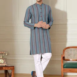 Anouk Striped Woven Design Mandarin Collar Cotton Straight Kurta-image-8