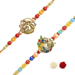 MEIRA JEWELLERY Set Of 2 Stone-Studded & Beaded Rakhi With Greeting Card Gift Set-image-35