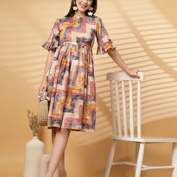Indibelle Printed Flared Sleeve Fit & Flare Abstract Dress-image-11