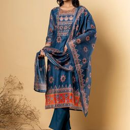 Readiprint Fashions Floral Printed Pure Silk Straight Kurta With Trousers & Dupatta-picture-33