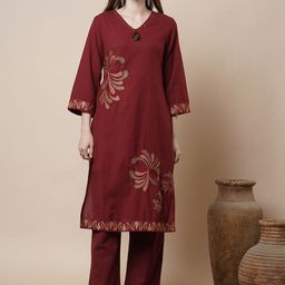 FASHOR Embroidered V Neck Top With Trousers Co-Ords Set-image-52