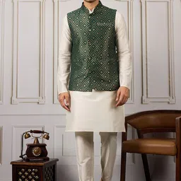 House of Pataudi Ethnic Woven Design Kurta & Trousers With Nehru Jacket-image-44