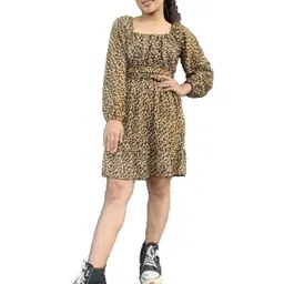 X FASHION GALLRY Animal Print Puff Sleeve Crepe A-Line Dress-picture-30