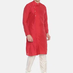 Sethukrishna Men Red & White Solid Kurta with Pyjamas image 4