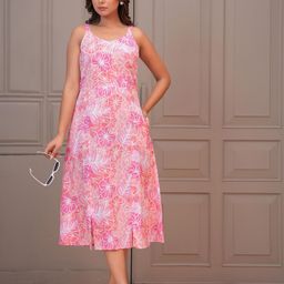 Nayo Floral Printed Cotton A-Line Midi Dress-image-29