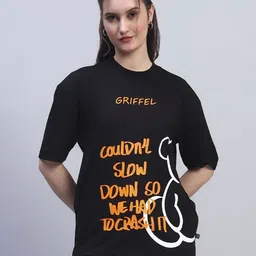 GRIFFEL Women Graphic Printed Drop-Shoulder Sleeves Regular Fit Cotton T-shirt-image-34