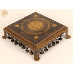 Exotic India Brown & Gold Toned Brass Chowkie With Ghungroos-image-36