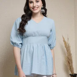 Stylum Blue Puff Sleeve Cotton Empire Longline Top-image-94