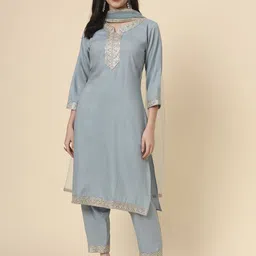 HERE&NOW Floral Yoke Design Notch Neck Straight Kurta With Trousers And Dupatta-image-0