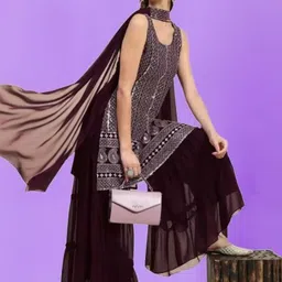 PARROT CREATION Geometric Embroidered Sequinned Kurta With Sharara And Dupatta image 3