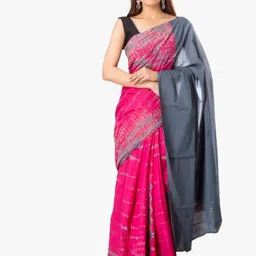 TROPWEAR Pink & Grey Tie and Dye Pure Cotton Block Print Saree-image-42