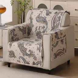 HOUSE OF QUIRK One Seater White & Blue Printed Sofa Cover With Arms-picture-9