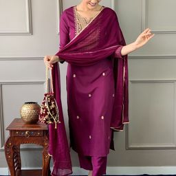 KALINI Embroidered Notch Neck Kurta With Trousers & Dupatta-picture-30