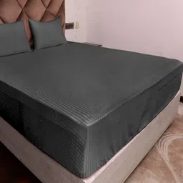 AJISH Grey Striped 300 TC King Bedsheet with 2 Pillow Covers-image-64