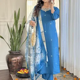 TWINS LADY Floral Embroidered Round Neck Straight Kurta With Trousers & Dupatta-picture-42