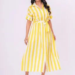 JAIPURRANG Women Striped Shirt Collar A-Line Cotton Midi Dress-image-60