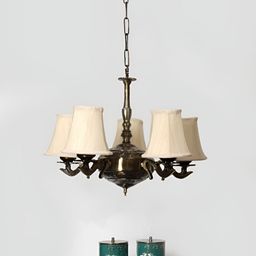 Devansh Off White Round cotton shade with Antique Golden Chandelier Metal Ceiling Lamp-picture-20