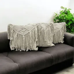 LUSHLYF Off White 3 Pieces Geometric Macrame Elegance Fringed Cotton Square Cushion Covers-image-15