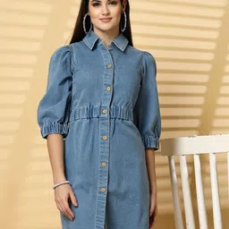 plusS Women Shirt Collar Puff Sleeves A-Line Dress-picture-20