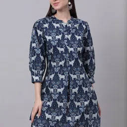 KALINI Graphic Printed Boat Neck Cuffed Sleeves Cotton Fit & Flare Dress-picture-13
