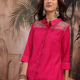 Sangria Yoke Design Sequinned Shirt Collar Kurta with Trouser-picture-46
