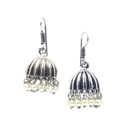 NILA Silver-Plated Artificial Beaded Dome Shaped Oxidized Antique Jhumkas-17