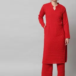 BUDAPEST Embroidered Woven Design Mandarin Collar Pure Wool Straight Kurta With Palazzos-13