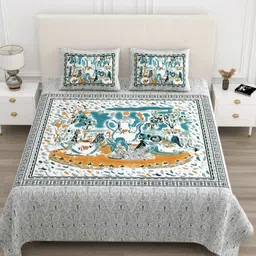 JAIPUR FABRIC Blue Coversational Printd Pure Cotton 210 TC King Bedsheet Set 2.74m x 2.54m-image-72