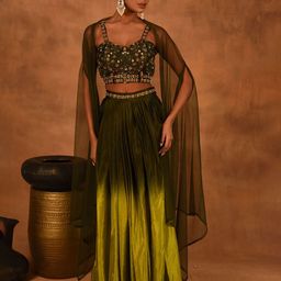 Laalzari Green Ombre Skirt With Crop Top & Cape Co-Ords-picture-52