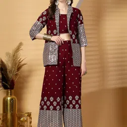 Clora Creation Printed Round Neck Top With Palazzos and Blazer Set Co-Ords-picture-1