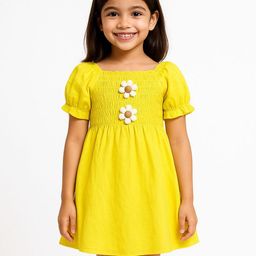 POP STREET KIDS Girls Square Neck Puff Sleeve Smocked Applique Cotton Fit And Flare Dress-image-98