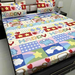 Pure Decor Blue & Yellow Cartoon Characters 200 TC Queen Bedsheet with 2 Pillow Covers-picture-2